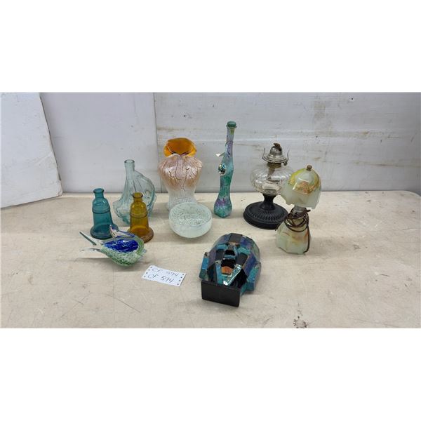 Art Glass Vase with Amber Ruffled Top and Crackle Finish, Oil Lamps, Bottles, and More