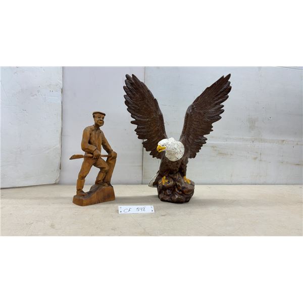 Hand-Carved Wooden Man Figurine and Painted Bald Eagle Sculpture with Outstretched Wings, Tallest