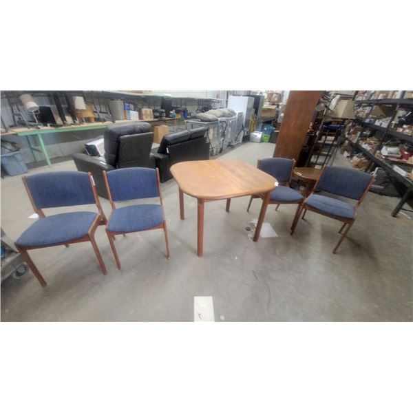 Mid-Century Modern Teak Extendable Dining Table with 4 Blue Upholstered Chairs 29 x 38 x 38"