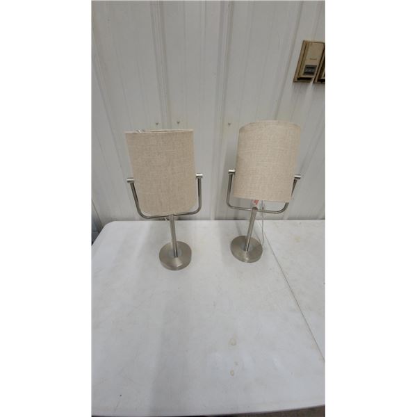 Pair of Modern Brushed Nickel Table Lamps with Cylindrical Beige Fabric Shades