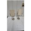 Image 1 : Pair of Modern Brushed Nickel Table Lamps with Cylindrical Beige Fabric Shades