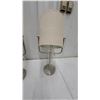 Image 3 : Pair of Modern Brushed Nickel Table Lamps with Cylindrical Beige Fabric Shades