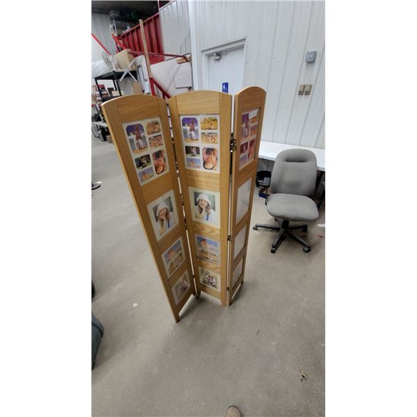 Three-Panel Folding Wooden Photo Screen with Natural Finish