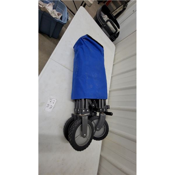 Blue Folding Utility Wagon with Black Metal Frame and Four Wheels