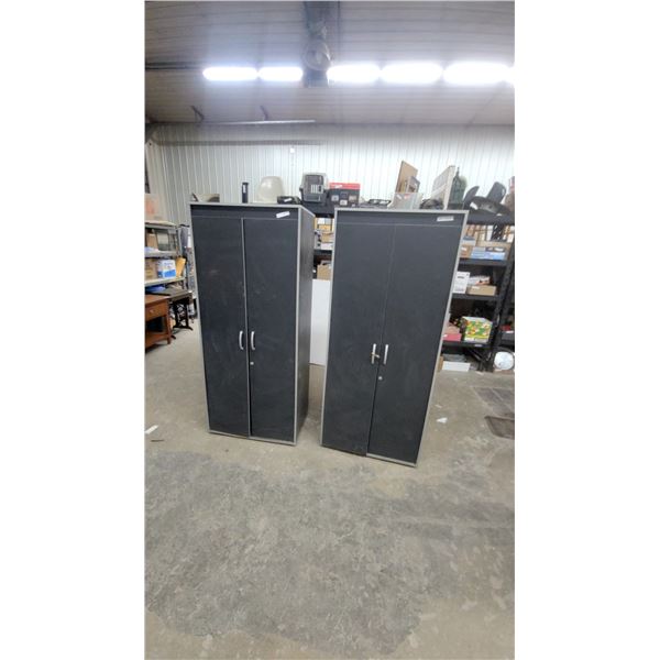 Two TSS Double-Door Storage Cabinets with Silver Trim and Metal Handles 74 x 31 x 20" Wobbley