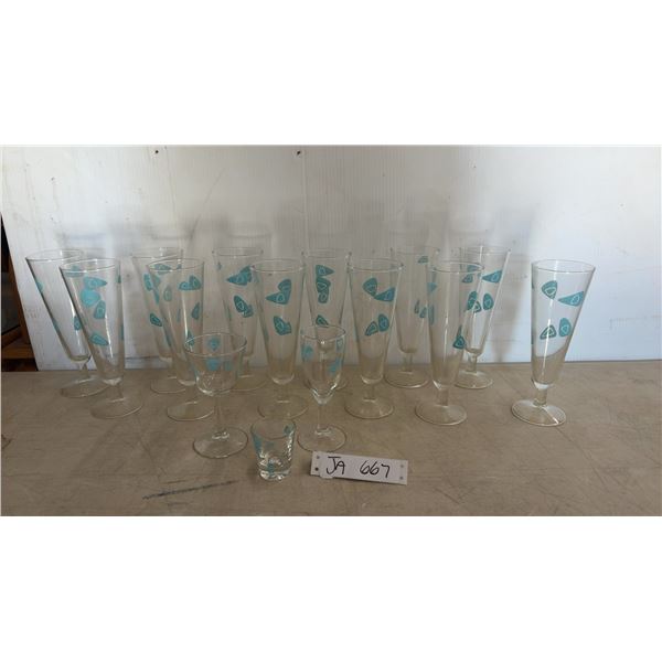 15 Vintage Glasses- 12 Tall, a Shot Glass & 2 Small Cocktail Glasses