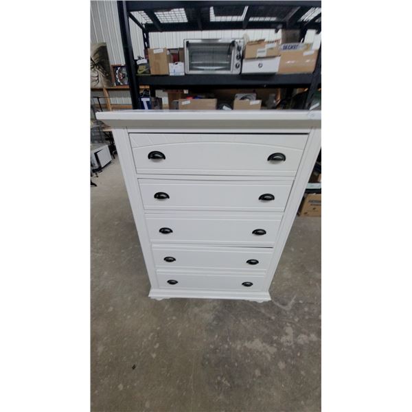 White Five-Drawer Chest with Black Metal Cup Pulls and Beadboard-Style Arched Top Drawer Damage on
