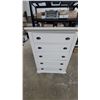 Image 1 : White Five-Drawer Chest with Black Metal Cup Pulls and Beadboard-Style Arched Top Drawer Damage on