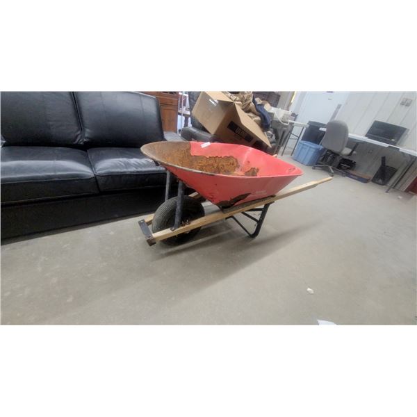 Red Metal Single-Wheel Wheelbarrow with Wooden Handles