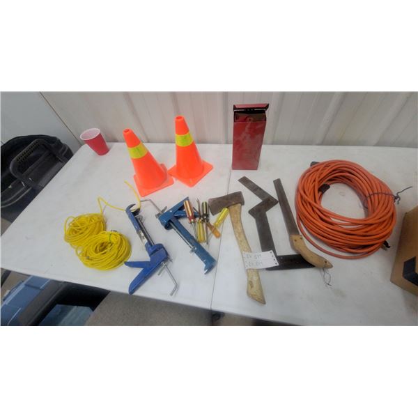 Orange Traffic Cones, Caulk Guns, Hatchet, Screwdrivers, Extension Cord, Yellow Rope, and More