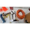 Image 2 : Orange Traffic Cones, Caulk Guns, Hatchet, Screwdrivers, Extension Cord, Yellow Rope, and More