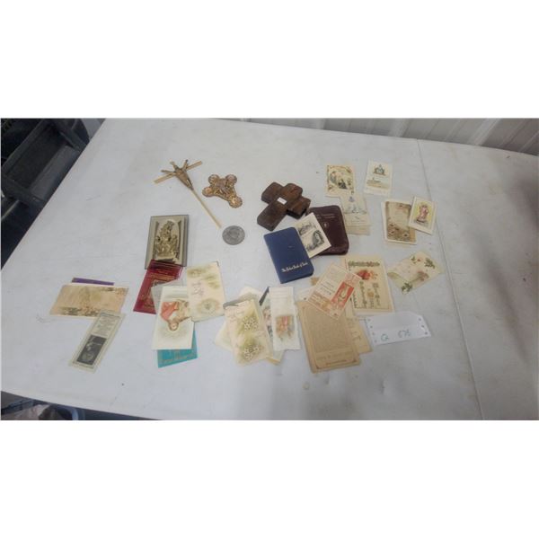 Brass Crucifix, Wooden Cross, Madonna and Child Plaque, Prayer Cards, and More