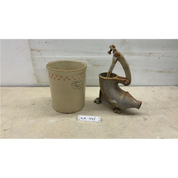 Medalta Potteries Ltd. Stoneware Crock with Checkered Band and Vintage Cast 5 Pound Sausage Maker