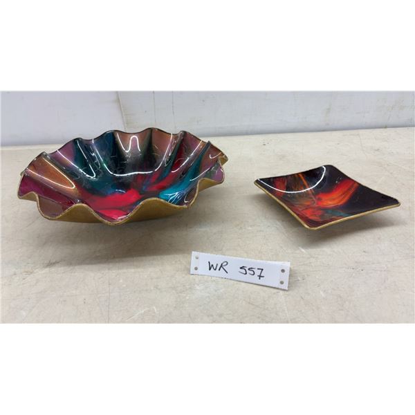 Two Vintage Seetusee Glassware with Ruffled Bowl and Square Tray, Multicolor Swirl Pattern, 12 & 5
