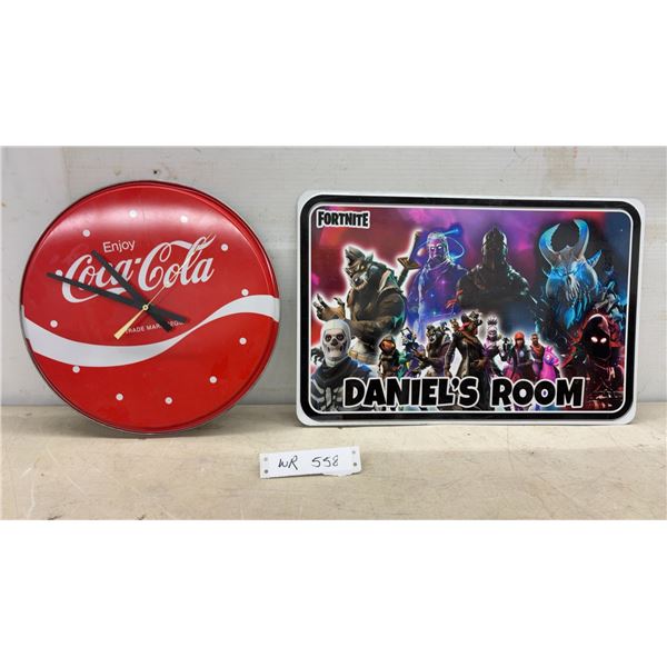 Coca-Cola Wall Clock, 12" Diameter and Fortnite "Daniel's Room" Sign, 11 1/2 x 17"