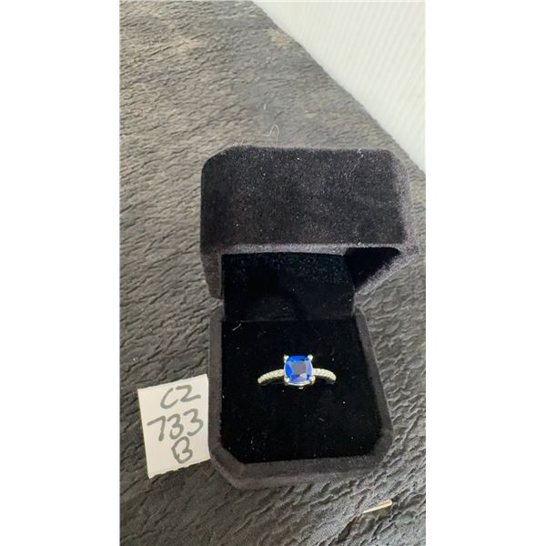 Platinum-Plated 1.5 Carat Cushion Cut Blue Simulated Diamond Cubic Zirconia Ring, Size 7