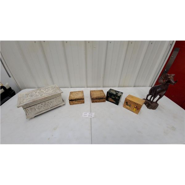 Carved Wooden Bighorn Sheep Statue, Decorative Boxes, and More