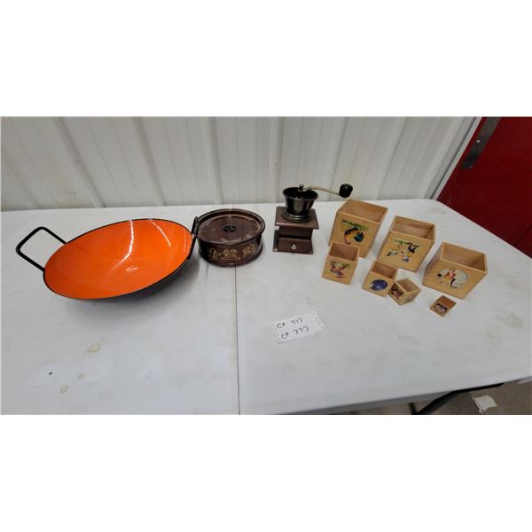 Vintage Enamel Paella Pan, Sugar Canister, Coffee Grinder, and Nesting Blocks