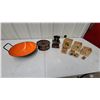 Image 1 : Vintage Enamel Paella Pan, Sugar Canister, Coffee Grinder, and Nesting Blocks