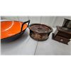 Image 4 : Vintage Enamel Paella Pan, Sugar Canister, Coffee Grinder, and Nesting Blocks