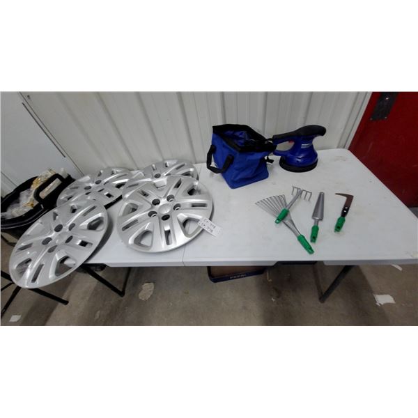 Set of Four Dodge Silver Hubcaps, New Garden Hand Tools