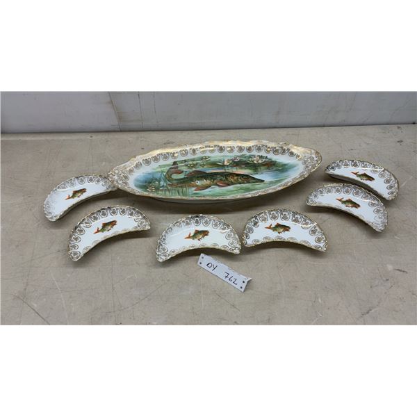 Crown Sterling China Fish Platter, 22 x 8 1/2" with Six Bone China Side Crescent Plates, Gold Trim