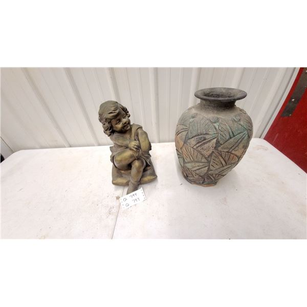 Bronze-Finish Child Yard Ornament on Cushion and Textured Ceramic Vase with Geometric Pattern 16"