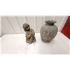 Image 1 : Bronze-Finish Child Yard Ornament on Cushion and Textured Ceramic Vase with Geometric Pattern 16"