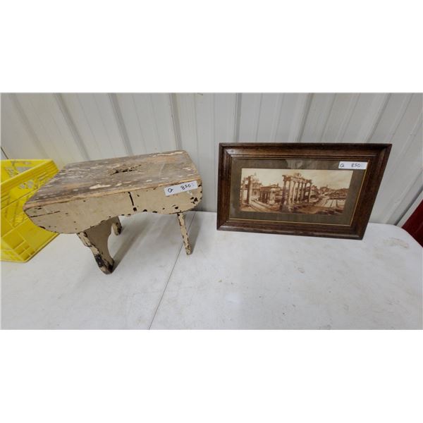 Framed Sepia-Toned Roman Forum Photograph and Painted Wooden Step Stool