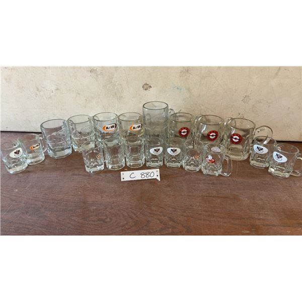 Collection of Vintage A&W Root Beer Glass Mugs in Assorted Sizes and Logo Styles