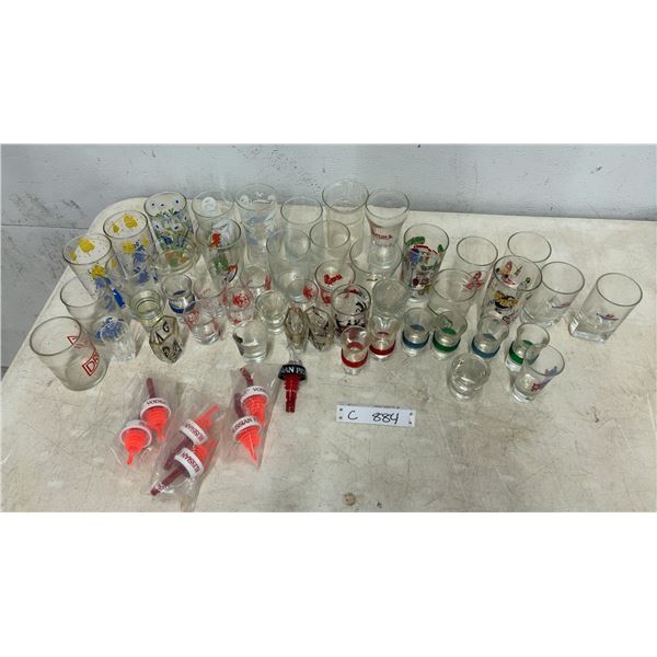 Assorted Barware Including Russian Prince Vodka Pourers and Branded Drinking Glasses