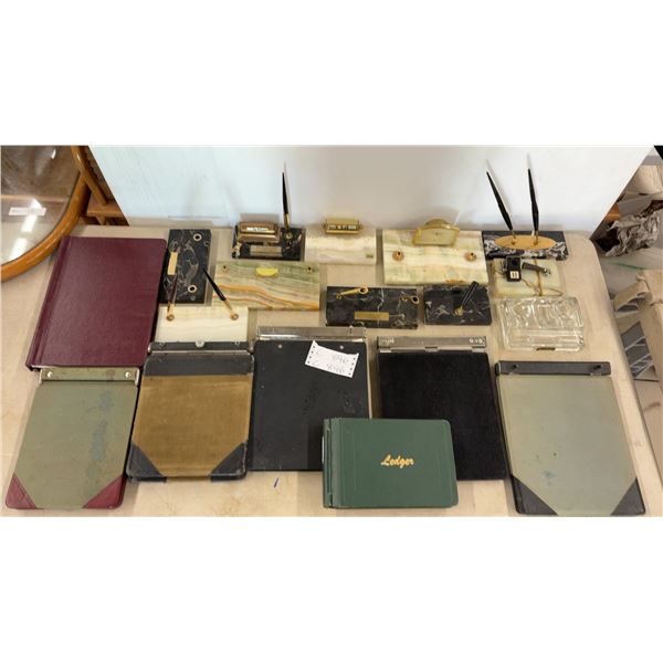 Vintage Marble and Onyx Desk Pen Holders, Perpetual Calendars, Ledger Binders, and More