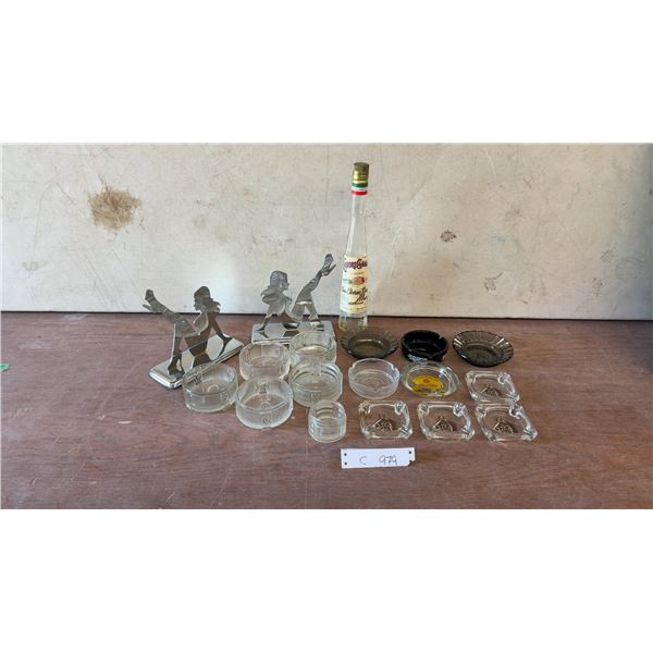 Chrome Pin-Up Girl Silhouette Bookends, Glass Ashtrays, Liquore Galliano Bottle, and More