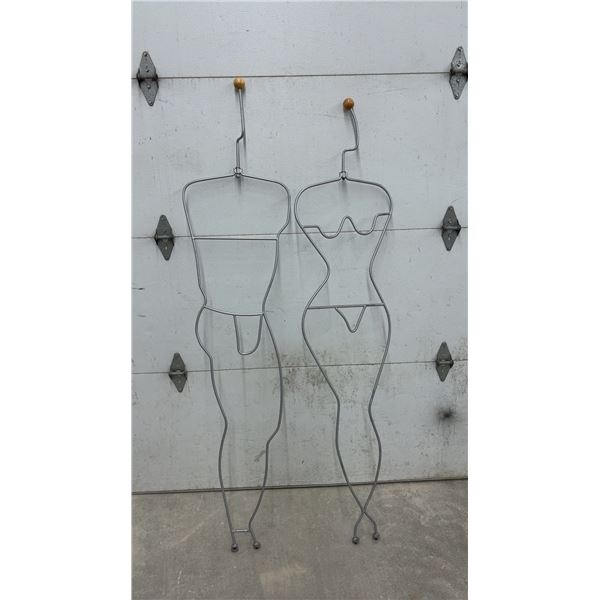Pair of Wire Body Form Display Hangers, Male and Female, with Wooden Finials
