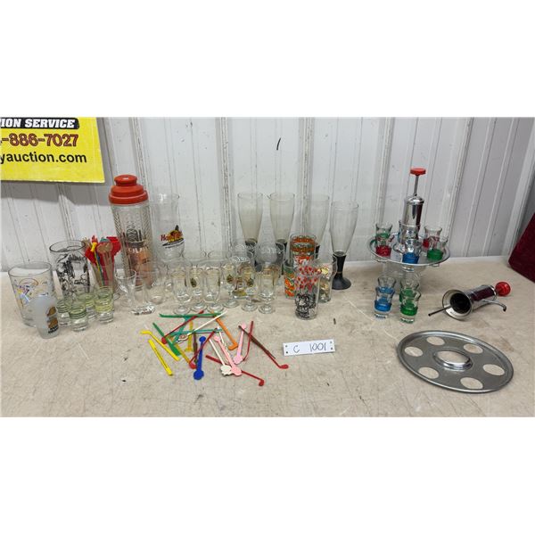 Vintage Chrome Revolving Shot Glass Dispenser with Colorful Glasses and More