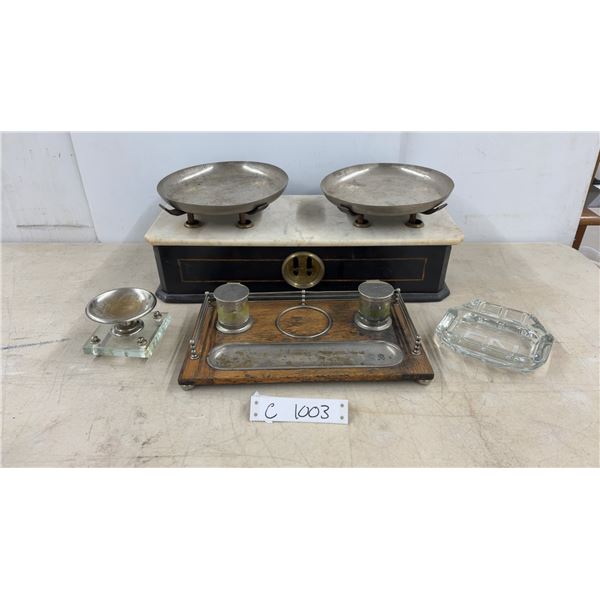 French Marble-Top Balance Scale, Oak Inkstand, CN Glass Ashtray