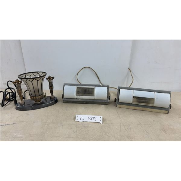 Art Deco Figural Table Lamp with Glass Shade and Two Vintage Under-Cabinet Light Fixtures