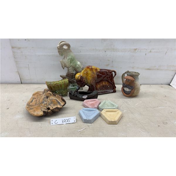 Ceramic Ram Figurine, Eakin Face Mug, Canoe Ashtray & Buffalo Are Blue Mountain, Real Mushroom with