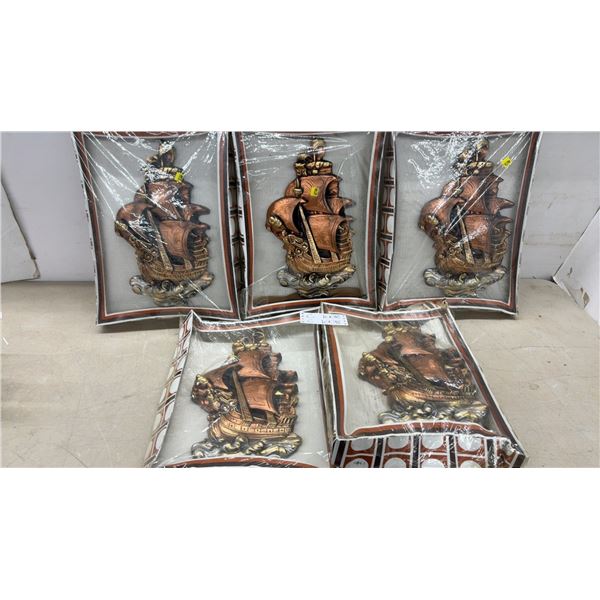Five Decorative Galleon Sailing Ship Wall Plaques with Bronze and Gold Finish- 16" Tall