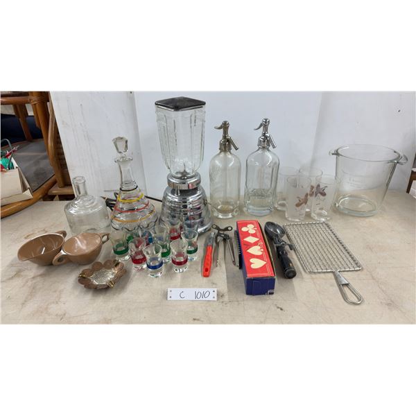 Vintage Osterizer Chrome Blender, Seltzer Bottles, Grouse Glasses, Shot Glasses, and More