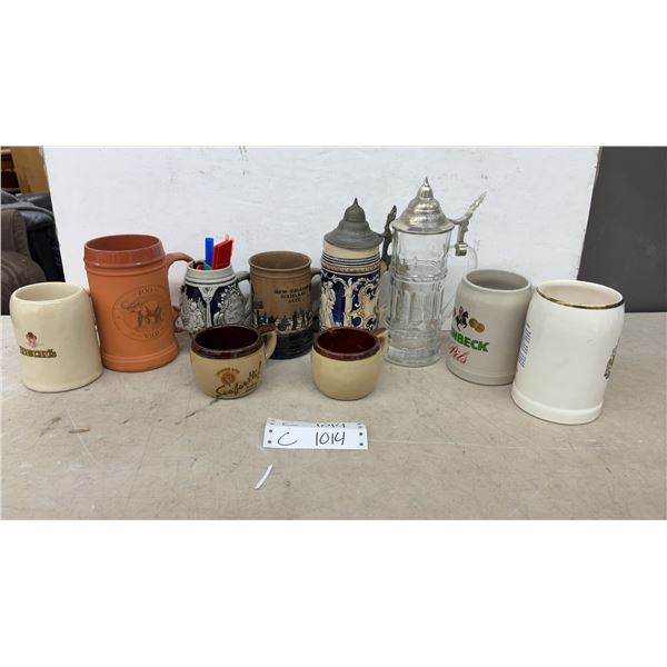 Collection of German-Style Beer Steins, Ceramic Mugs, and More