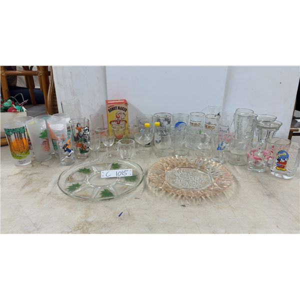 Vintage Popeil's Donut Maker, Character Drinking Glasses, Glass Serving Plates, and More