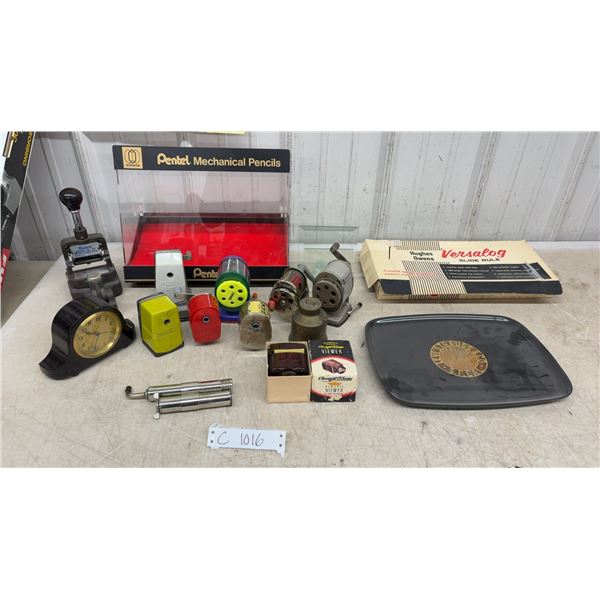 Hughes-Owens Versalog Slide Rule with Case, Pencil Sharpeners, Display Case, and More