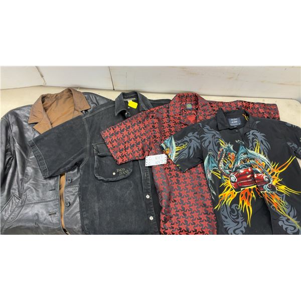 Paco Jeans Denim Shirt, Urban Rags Dragon Graphic Shirt, Leather Jacket, and More