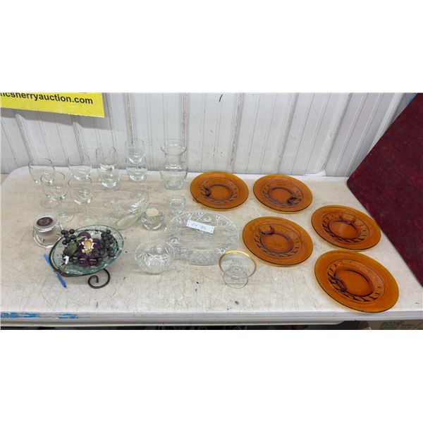 Set of Six Federal Glass Sunburst Amber Plates, Wine Glasses, Crystal Bowls, and More