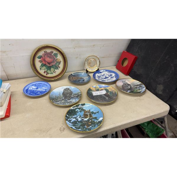 Framed Cross-Stitch Rose Needlework, Owl Collector Plates, and Souvenir Plates
