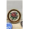 Image 2 : Framed Cross-Stitch Rose Needlework, Owl Collector Plates, and Souvenir Plates