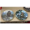 Image 4 : Framed Cross-Stitch Rose Needlework, Owl Collector Plates, and Souvenir Plates