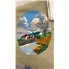 Image 2 : Completed Circular Needlepoint Landscape Tapestry, Crochet Thread Spools, Fabric, and More