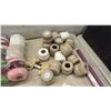 Image 8 : Completed Circular Needlepoint Landscape Tapestry, Crochet Thread Spools, Fabric, and More